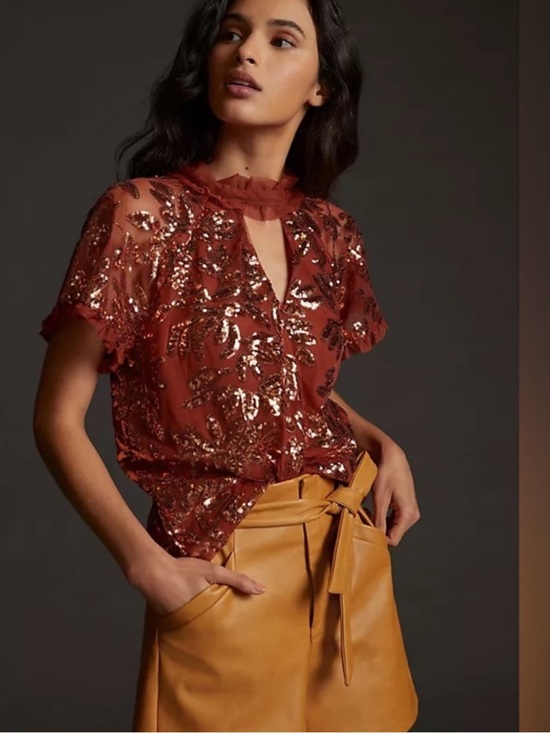 Anthropologie Tops - Anthropologie Copper Sequin Leaf Mesh Blouse Large New with tags